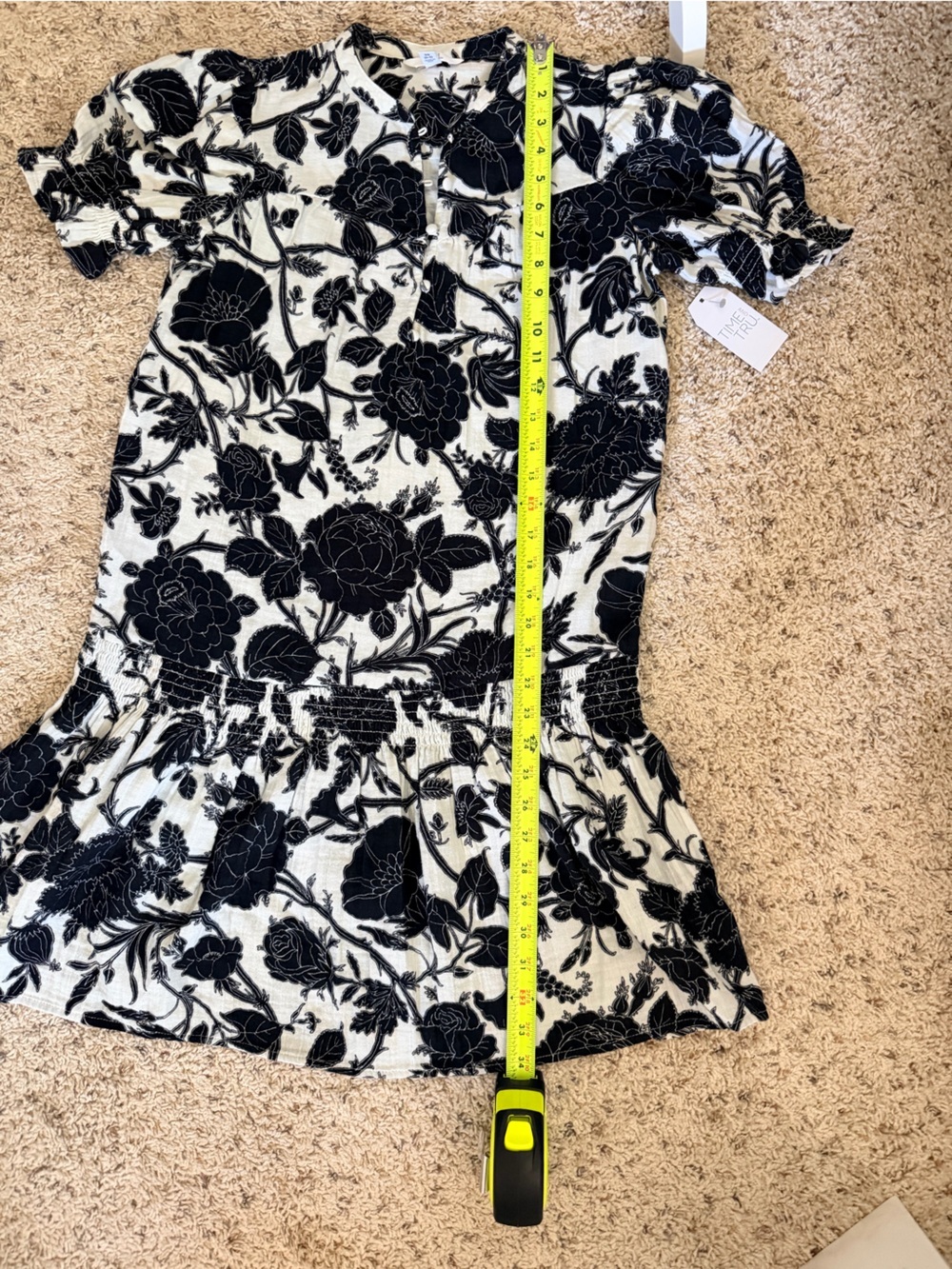 Floral Black Beige Low Waist Cotton Gauze Feel Summer Dress Size XS 0 2 TM - Picture 8 of 12